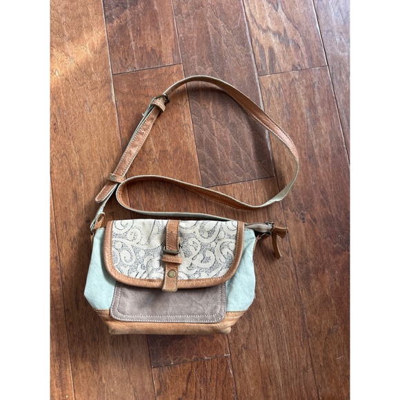 Myra Bag Handbags - Myra Bag Canvas Leather Embossed Flap Crossbody Messenger Bag‎ Tan Brown